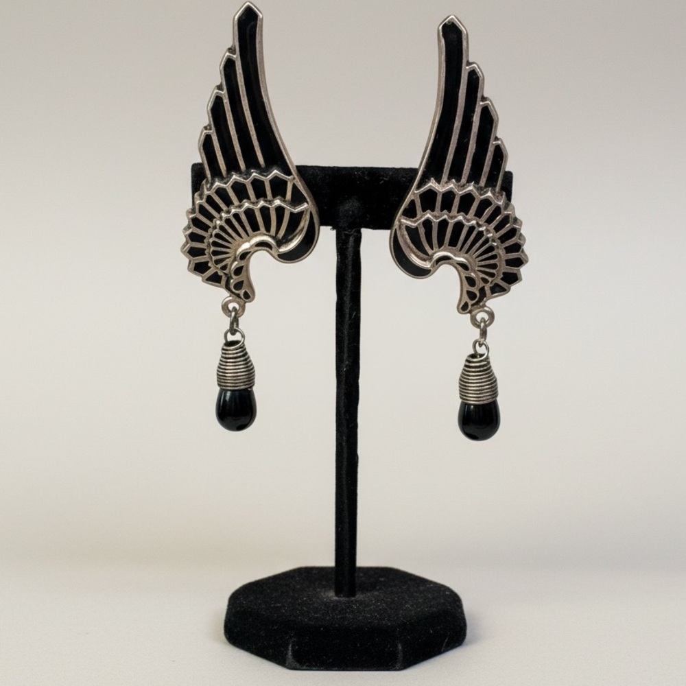Vintage Art Deco Egyptian Revival Wing Earrings Black Enamel Drop Clip On